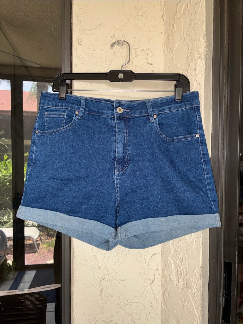 High-Rise Dark Blue Denim Roll-Cuff Women's Shorts XL